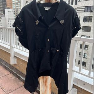 Unique Kansai Black Handkerchief Hem Shirt with Fringe and Silver Accents